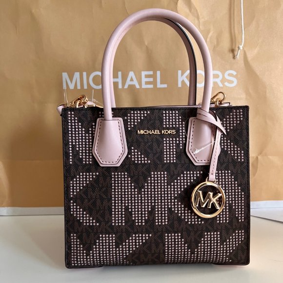 MICHAEL KORS Mercer Medium Pebbled Leather Crossbody Bag Brown/Pink Perforated - Picture 1 of 16